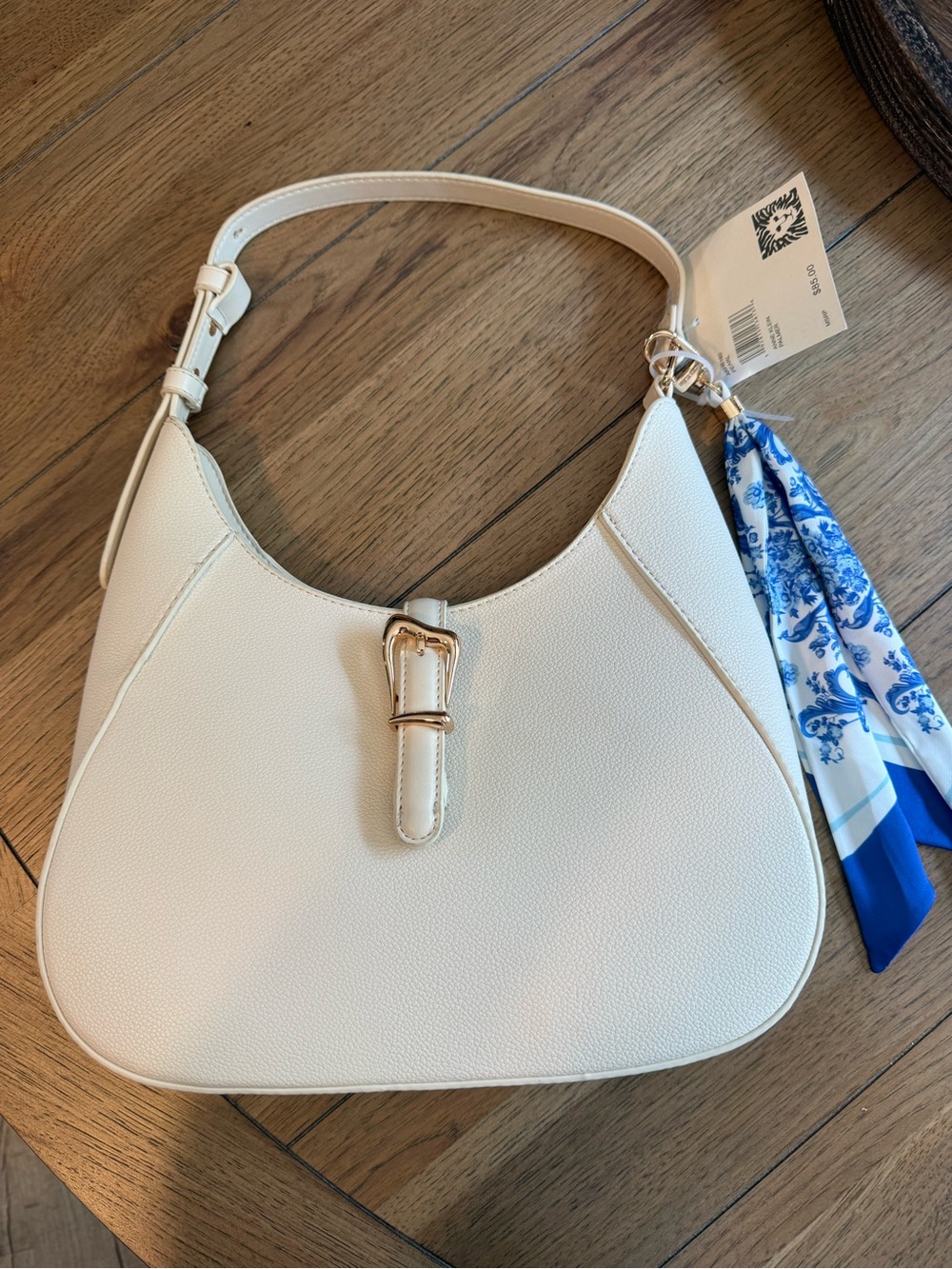 Anne Klein Cream Shoulder Bag with Gold Buckle and Blue Scarf